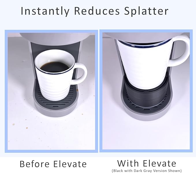 Elevate Anti-Splash Cup Riser Accessory for most Keurig K-cup, Cuisinart Single Serve, and other Coffee Makers, Adjustable for Cup Size and Drip Tray Type (White with Black Base)