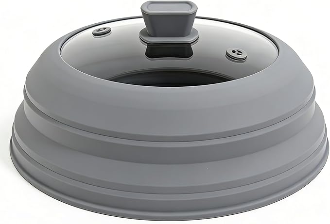 3 in 1 Microwave Splatter Glass Cover with Silicone Mat and Base Plate,BPA Free Collapsible Silicone Microwave Food Cover with Vent Hole and Anti-scald Silicone Handle,Dishwasher Safe (Large-Gray)