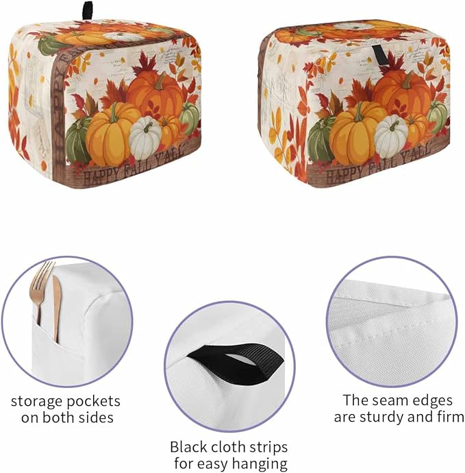 Orange Pumpkins Fall Toaster Cover 2 Slice, Thanksgiving Maple Leaf Dustproof Bakeware Oven Protector with Top Hook, Autumn Retro Waterproof Small Kitchen Appliance Toasters Dust Cover, 12"x7.5"x8"