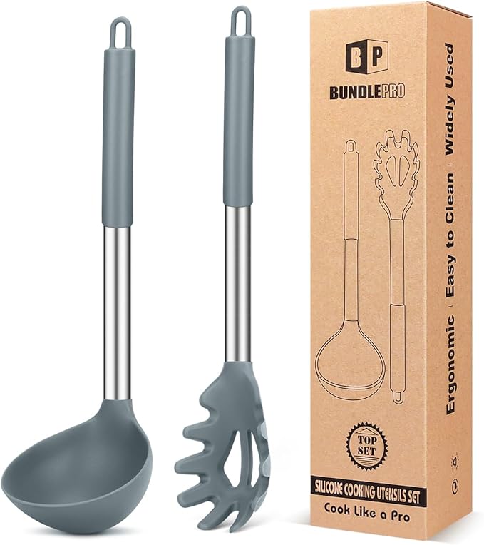 Silicone Pasta Fork and Ladle Spoon Set, Large Non Stick Kitchen Utensils for Cooking,Stirring,Serving Spaghetti, Soup, Sauce (GRAY)