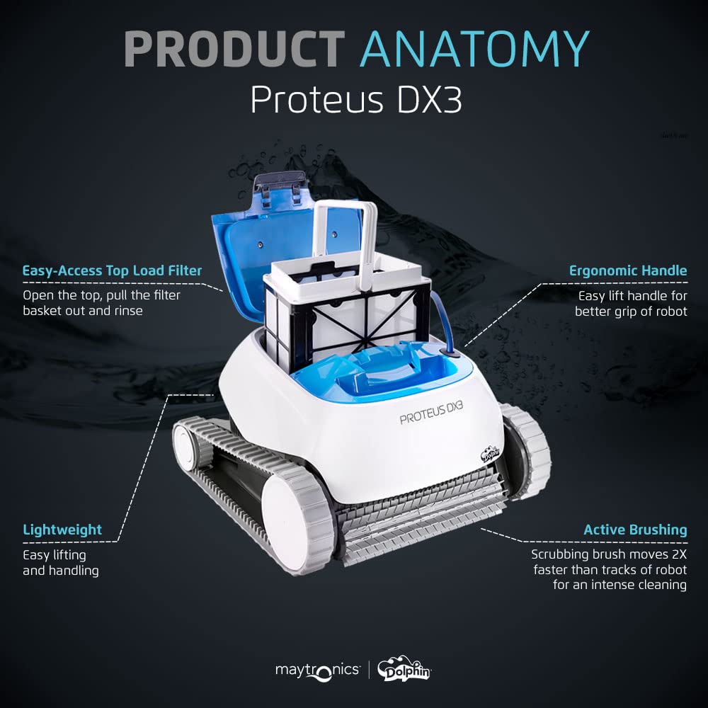 Dolphin Proteus DX3 Automaitc Robotic Pool Vacuum Cleaner, Wall Climbing, Active Scrubber Brush, Ideal for In-ground Pools up to 33 FT in Length