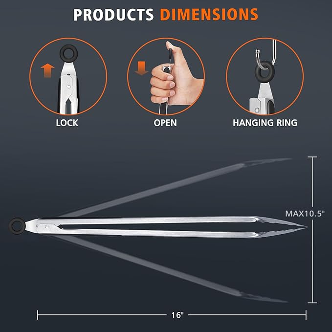 Hotec Stainless Steel Kitchen Tongs, 16 Inch Extra Long Locking Metal Food Tongs for Cooking, Serving, BBQ, Grill Non-Slip Grip