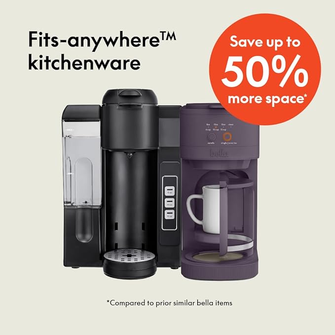 BELLA VersaBrew 2-in1 Coffee Maker, K-Cup compatible, Brew 3 Sizes Carafes & Single Serve Cups, Dishwasher Safe Reusable Filter & Filter Holder, Iced Coffee Function, 60oz Tank, Plum