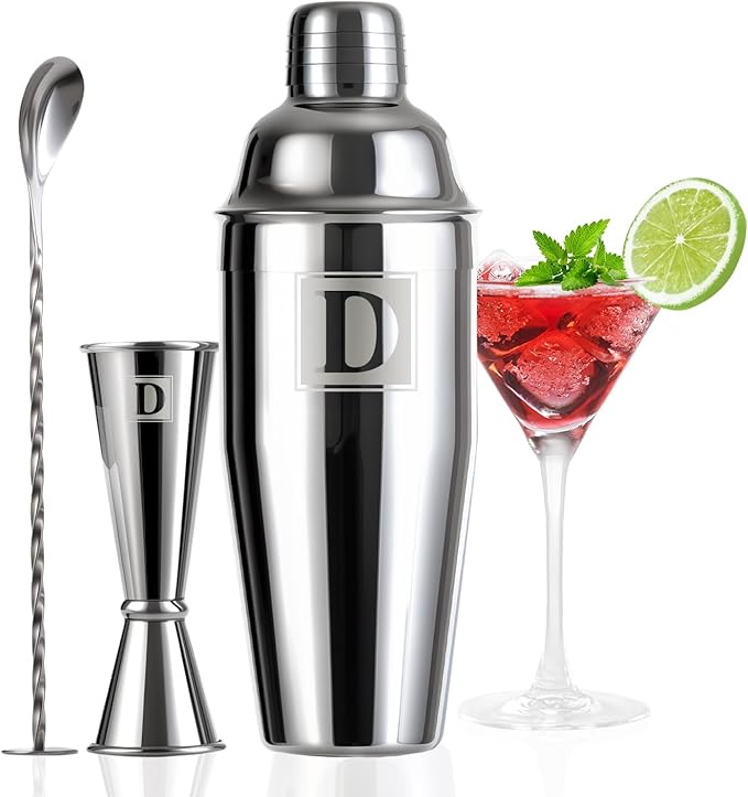 24oz Cocktail Shaker Set with 1 oz 2oz Jigger - Monogramm Initials Martini Shaker Set - 304 Stainless Steel Bar Shaker for Margarita,Mojito-Personalized Gift for Friend,Husband-D