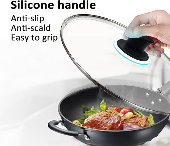 Glass Lids, Replacement Tempered Clear Glass Lids with Steam Vent，Covers For pots, pans and skillets，Available in Small and Large Lid 8, 9.5, 10.25, 11, 12, and 12.5 Inch