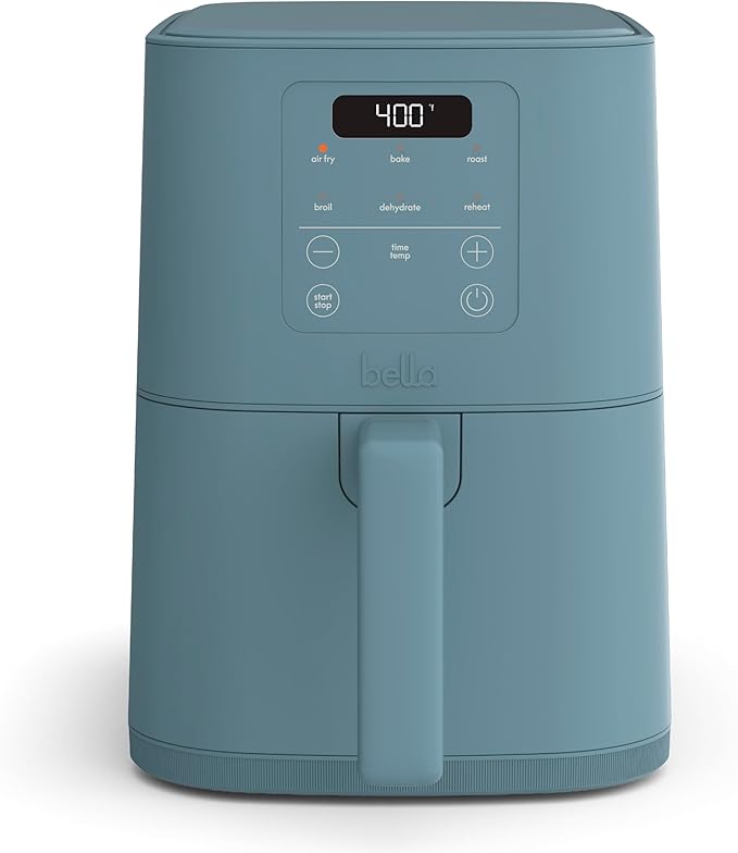bella 4Qt Slim Air Fryer, Fits-anywhere Kitchenware, EverGood Ceramic Nonstick Coating, Adjustable Temperature, 6 Preset Cooking Options, 60 Min Auto Shutoff w Audible Tone, 3.3lb Capacity, Surf