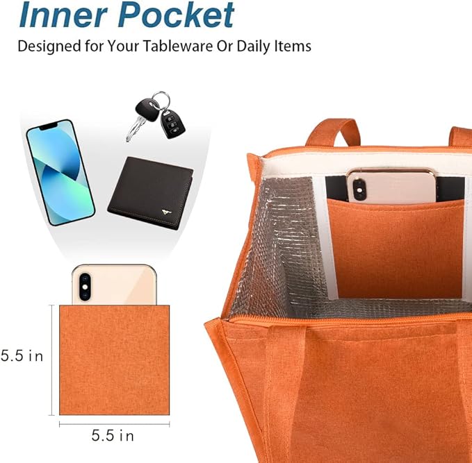 iknoe Insulated Lunch Bag for Women & Adults, 9L Foldable Wide-Open Cooler Bag with Pockets, Leakproof & Portable, for Picnic, Office, Beach(Orange)