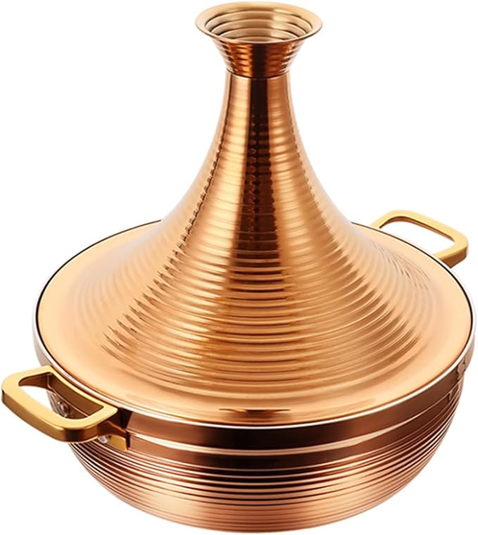 Stainless Steel Moroccan Tagine Pot, Large Moroccan Tajine Casserole with Cone-Shaped Lid, Non Stick Tagine Cooking Pot with 2 Handles(28cm/11in, Gold)