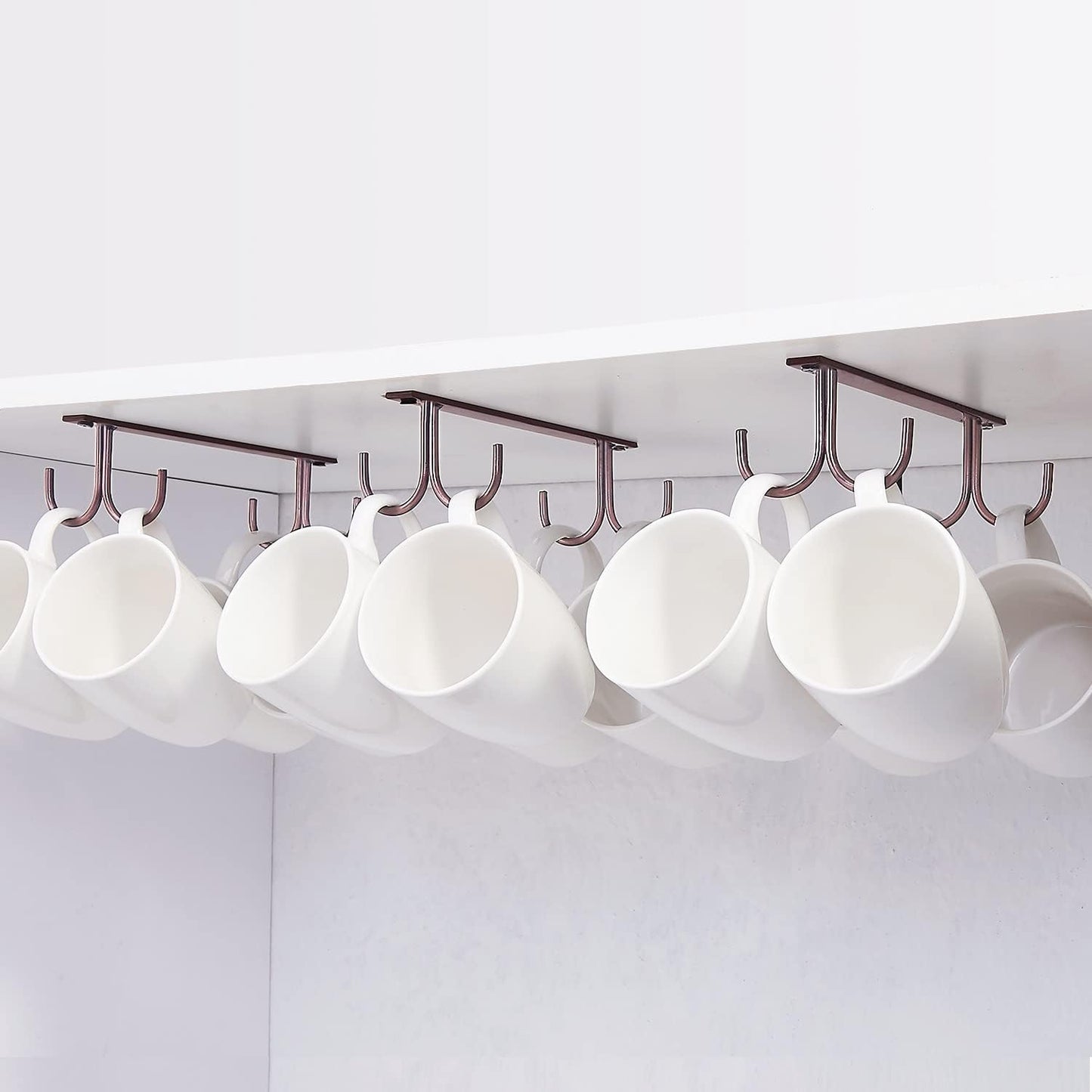 Mug Rack Under Cabinet - Coffee Cup Holder, 12 Mugs Hooks Under Shelf, Display Hanging Cups Drying Hook for Bar Kitchen Utensils Brown