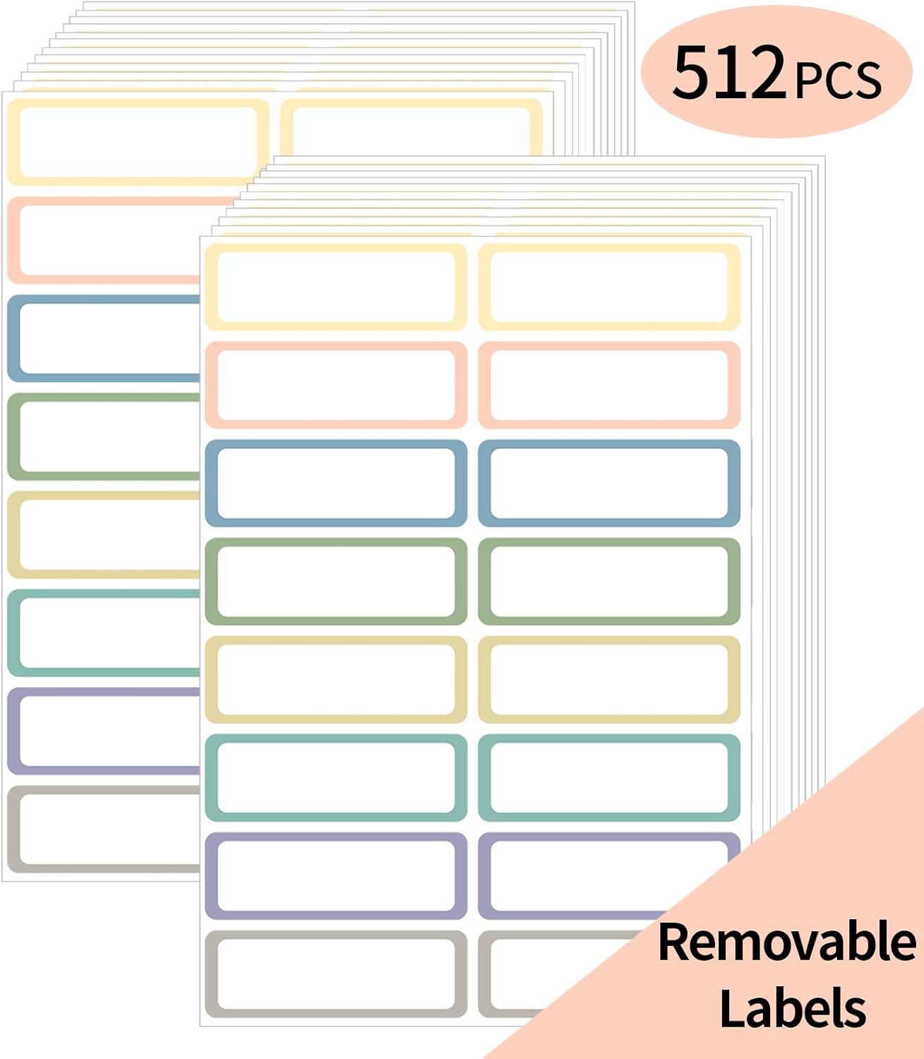 STARLIBOO Removable Labels, Removable Colored Labels Stickers, Self-Adhesive Rectangular Stickers Water/Oil/Tear Resistant for Food Containers/Classroom/Storage (8 Colors, 512 Labels)