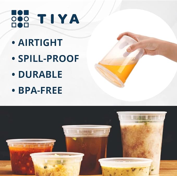 TIYA Food Containers - 32oz Bulk 240 Pack with Lids - Plastic Food Storage to-Go Containers - Reusable Microwavable Dishwasher Safe Cups - Airtight Leak Proof for Soups & Meal Prep