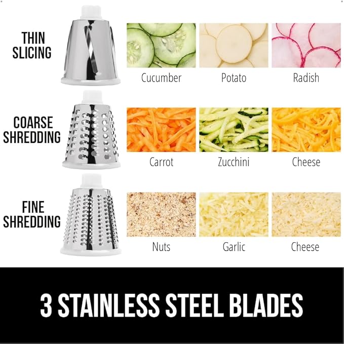 GORILLA GRIP BPA-Free Rotary Cheese Grater Hand Crank, Easy to Set Up, Strong Suction Base for Kitchen Countertop, Shred Potato, Vegetable, Nuts in Seconds, Round Mandoline Slicer, 3 Blades, Gray