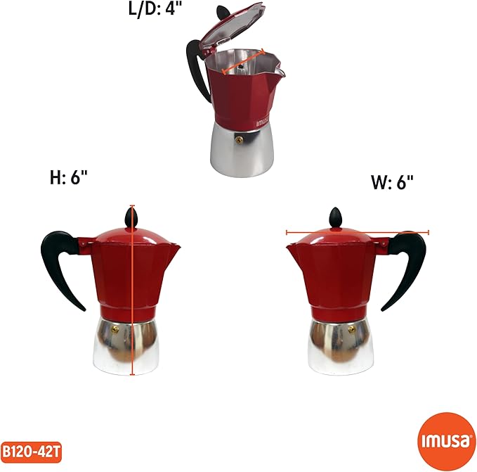 IMUSA USA B120-42T Aluminum Stovetop Coffeemaker, Espresso Machine, 3-Cup, Red