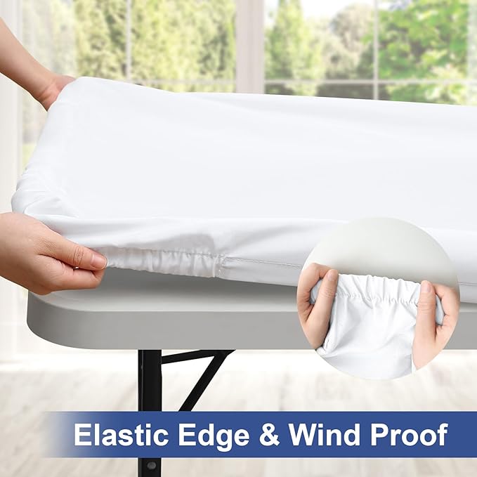 homing Rectangle Table Cloth Cover, Waterproof Polyester Elastic Fitted Tablecloth, Fits for 8 Foot Folding Tables, Washable Table Protector for Picnic, Camping, Outdoor (White, 36" x 96")