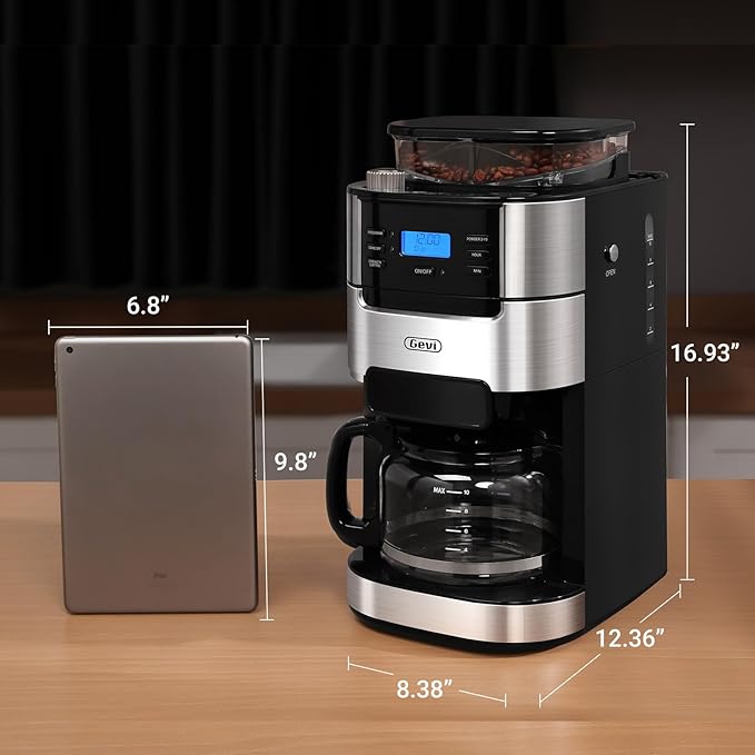 Gevi 10-Cup Drip Coffee Maker with Built-in Burr Grinder & Programmable Timer, 1.5L Water Tank, Auto Keep-Warm, Reusable Filter - Fresh Ground Coffee Machine (Black)