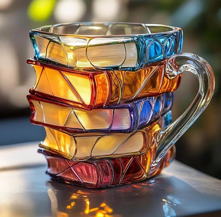 3d Painted Book Coffee Mug, 300ml Stained Glass Painted Book Mug with Spoon, Funny Tumblers Books, Novelty Coffee Cup Gifts for Writers Books Lovers (A Style)