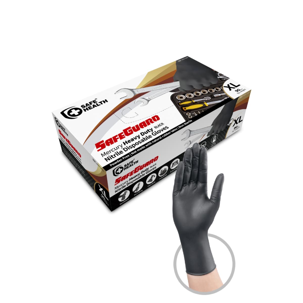 Safe Health HD Industrial Nitrile Black Disposable Gloves, Heavy Duty, 5 Mil, Box of 90, Xlarge, Latex Free, Powder Free, Oil Grease Resistant, Automotive, Mechanic, Maintenance