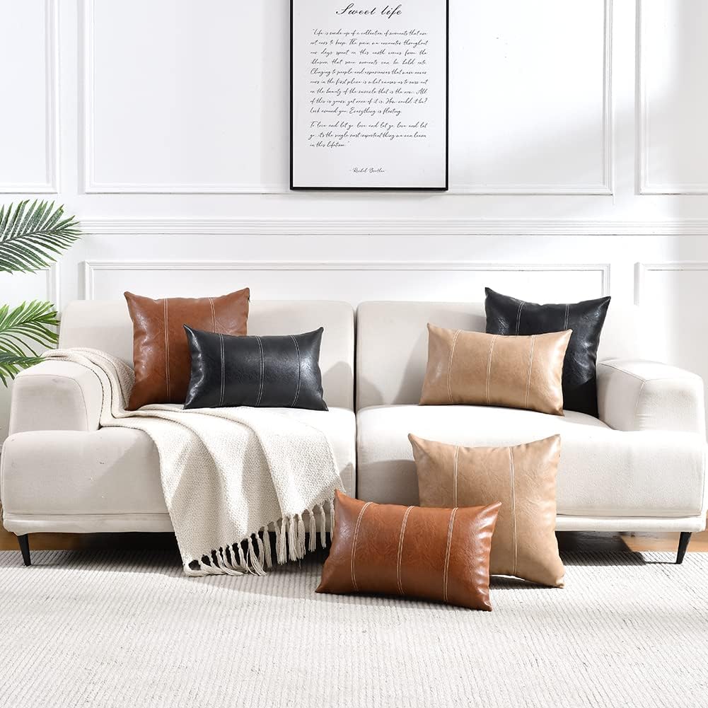 Fancy Homi Tan Lumbar Waterproof Faux Leather Decorative Throw Pillow Covers 12x20 Inch for Living Room Couch Bed, Beige Hand Stitched Cushion Case 30x50 cm, Taupe Modern Farmhouse Home Décor
