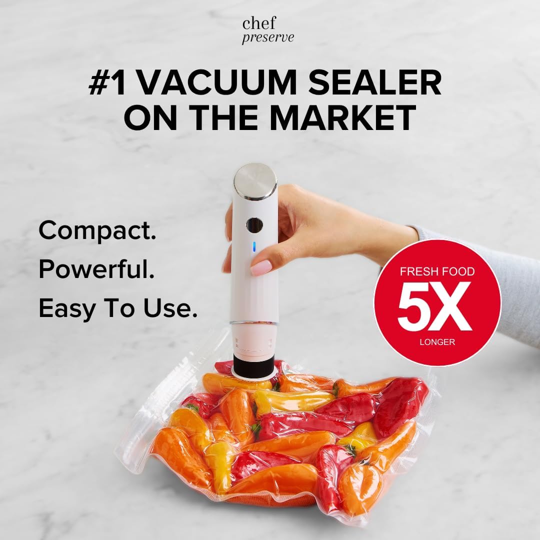 Chef Preserve Compact Vacuum Sealer for Food (Vacuum Sealer Machine + 20 Reusable Vacuum Bags) Powerful Handheld Vacuum Sealer Machine, Seal Meal Saver, Portable Food Sealer