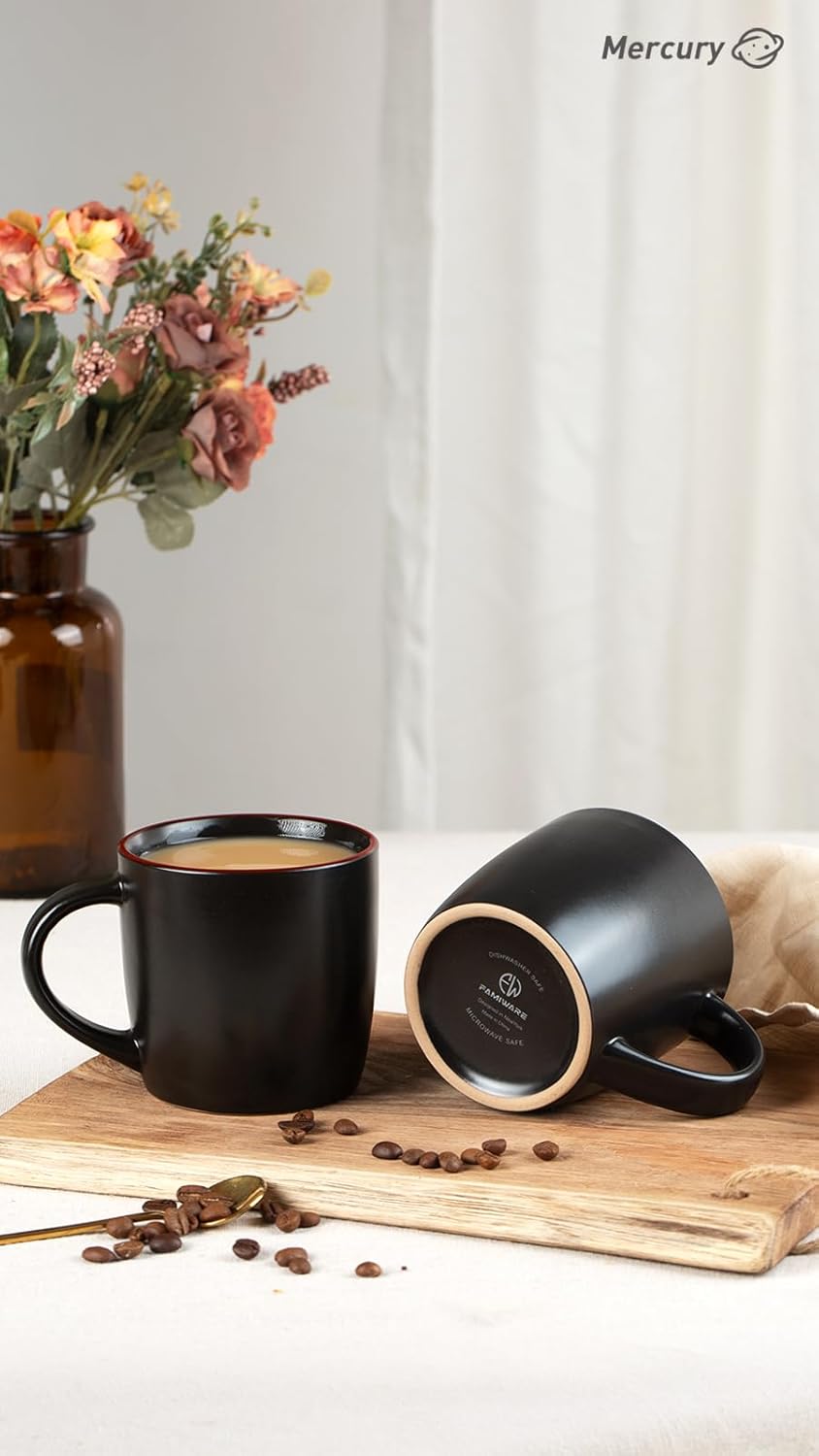 famiware Mercury Coffee Mugs 13 oz, Coffee Mugs Set of 4 with Handle, Cups for Latte, Hot Tea, Cappuccino, Mocha, Cocoa, Black