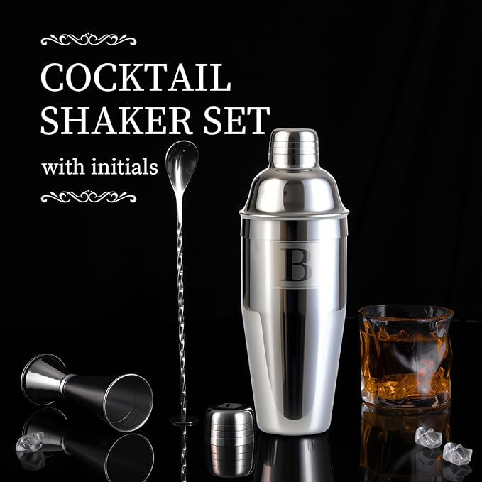 24oz Cocktail Shaker Set with 1 oz 2oz Jigger - Monogramm Initials Martini Shaker Set - 304 Stainless Steel Bar Shaker for Margarita,Mojito-Personalized Gift for Friend,Husband-I