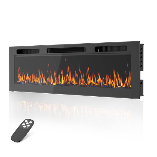 50 Inch Electric Fireplace Recessed and Wall Mounted with Adjustable Flame & Ember Color, Remote Control with Timer, Touch Screen, 750/1500W