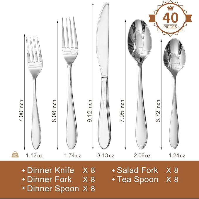 KINGSTONE 40-Piece Silverware Set for 8,18/10 Premium Stainless Steel Flatware Set, for Home, Restaurant, Wedding and Party Use, Mirror-Polished Cutlery Set, Dishwasher Safe