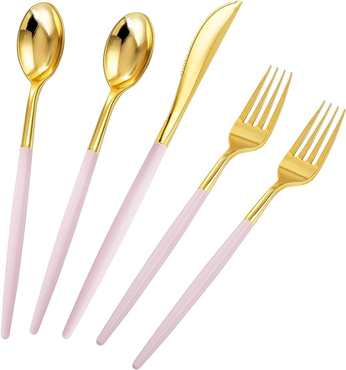 Rubtlamp 90Pcs Gold Plastic Silverware, Thanksgiving Gold Utensils Set With Pink Handles Include 30 Gold Knives, 60Plastic Forks and Spoons, Pink Silverware Heavy Duty For Thanksgiving