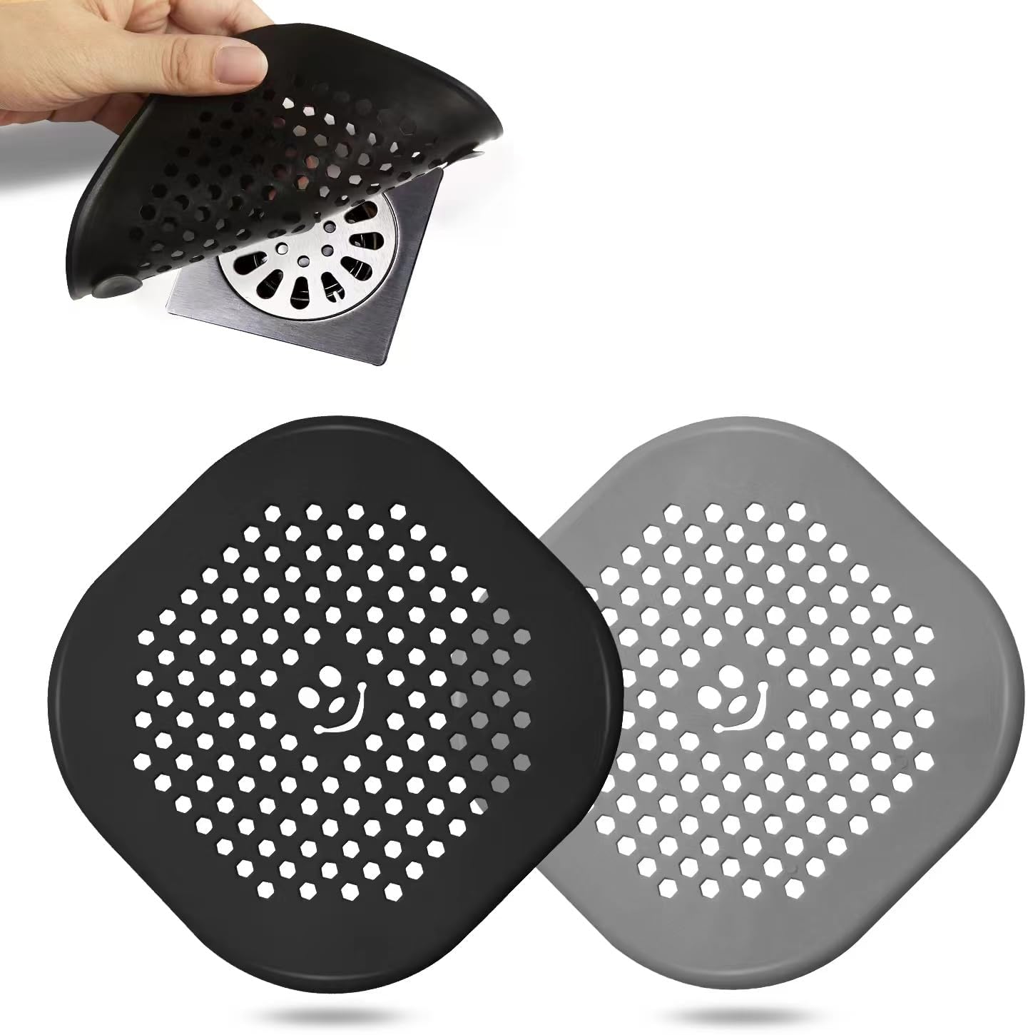 2 Pack Shower Drain Hair Catcher Silicone Drain Protector Hair Stopper with Suction Cup for Shower Kitchen Bathroom Black Grey
