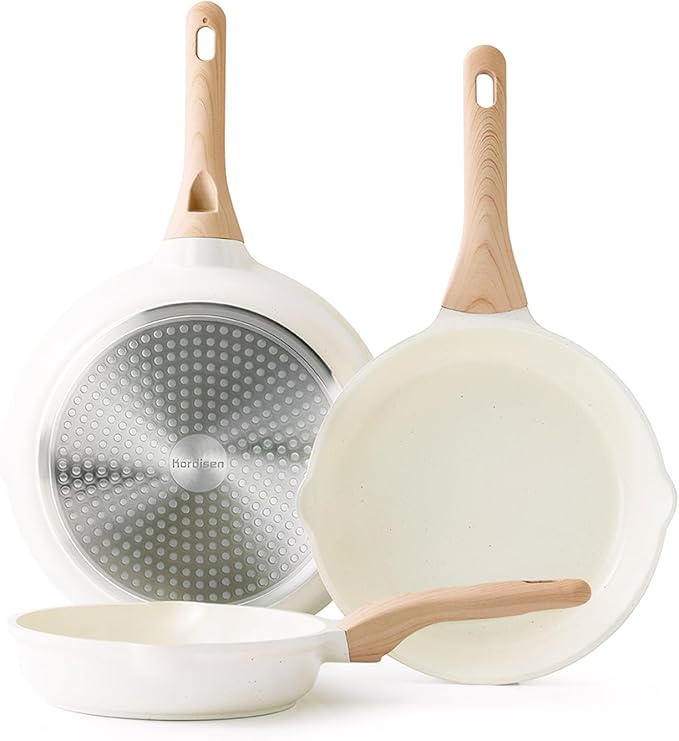 Kordisen Nonstick Ceramic Frying Pan Set, 3 Piece Ceramic Skillet Set, Healthy Non Toxic Cooking Pan, Stay-Cool Handle, Induction Compatible, PFOA & PFAS Free, White