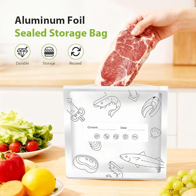 Reusable Aluminum Foil Sealable Storage Bags, 2026 New Resealable Vacuum Zipper Pouches, Stand Up Foil Sealable Bags with Label and Zip Lock for Kitchen (20, Small)