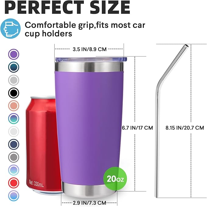 Volhoply 20oz Stainless Steel Tumbler with Lid and Straw Bulk 12 Pack,Double Wall Insulated Travel Iced Coffee Mug Fits Cup Holder,Powder Coated Cups for Hot/Cold Drinks,Christmas Gifts（Purple,12 Set）