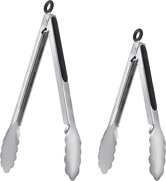 ALLTOP Metal Cooking Tongs,Stainless Steel Food Tong with No-slip Silicon and Locking Ring for Kitchen - 9 &12 inch,Set of 2-Black