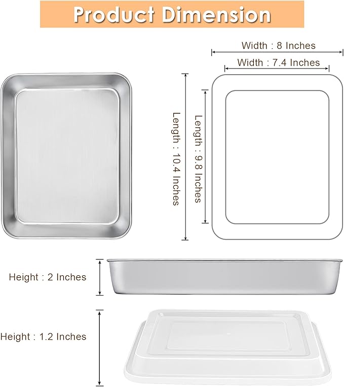 E-far Toaster Oven Baking Pan with Lid, 10.4”x 8”x 2” Stainless Steel Rectangle Sheet Cake Pans with Covers, Small Bakeware for Cakes Brownies Casseroles, Non-toxic & Dishwasher Safe -Set of 2