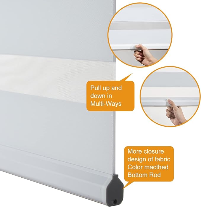 Persilux Dual Layer Polyester Window Shade, Cordless Zebra Blinds, White, 35.5" W x 64" H, Light Filtering, Safe for Kids & Pets, Room Darkening, Thermal Insulated