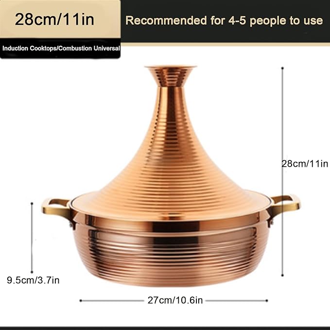 Stainless Steel Moroccan Tagine Pot, Large Moroccan Tajine Casserole with Cone-Shaped Lid, Non Stick Tagine Cooking Pot with 2 Handles(28cm/11in, Gold)