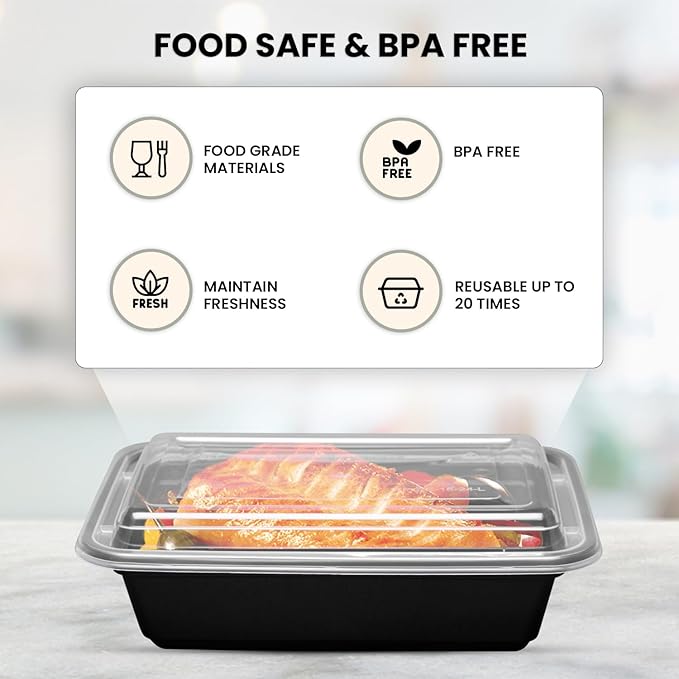 Klex 24 Oz, 150 Sets Meal Prep Containers with Airtight Lids, BPA Free, Reusable Plastic Food Container, 24 oz, Rectangular, Black/Clear, 150 Sets
