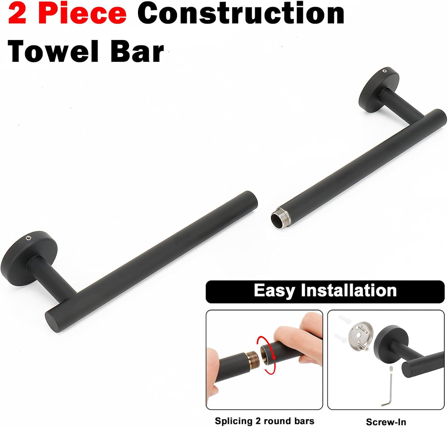 NearMoon Bath Towel Bar, Bath Accessories Thicken Stainless Steel Shower Towel Rack for Bathroom, Towel Holder Wall Mounted (2 Pack, Matte Black, 18 Inch)