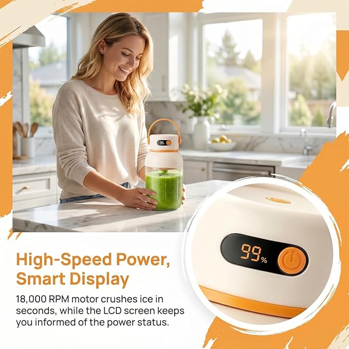 Portable Blender 1000ml Personal Size Blender, USB-C Rechargeable Smoothie Maker with 18000 Rpm Motor, Travel Blenders Cup for Shakes Juices Gym Office