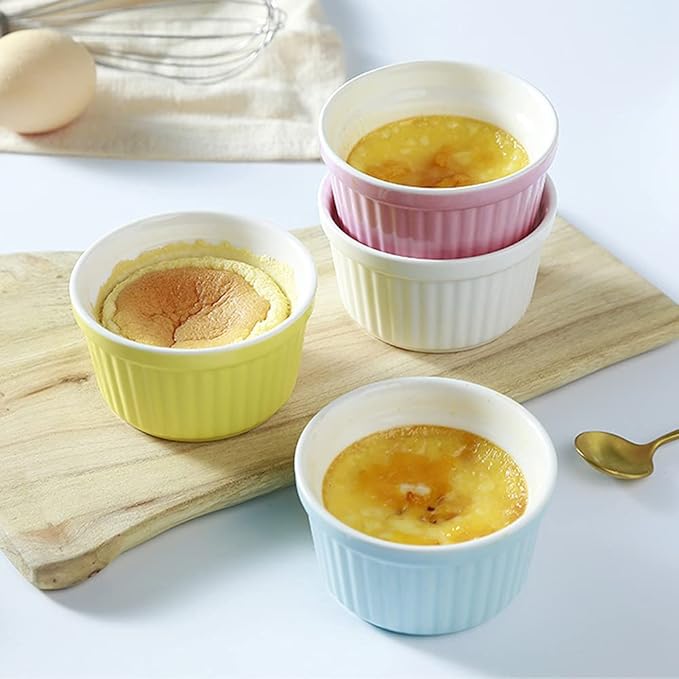 Ramekins 6oz Oven Safe,Creme Brulee Ramekin and Souffle Dishes,Porcelain Baking Bowls,Dipping Sauce Dish.Pudding Cups,Set of 6, White