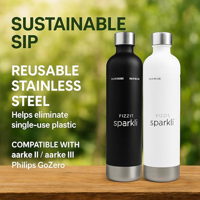 Stainless Steel Black Sparkling Water and Soda Maker Machine with 3 Black Stainless Steel 1L Re-Usable Bottle