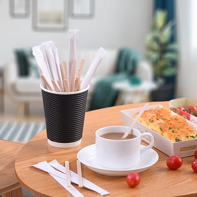 200pcs Individually Wrapped Coffee Stirrers Wood - 7" Coffee Stir Sticks, Round End Disposable coffee stirrer, For Coffee, Cocktail and Hot Drinks