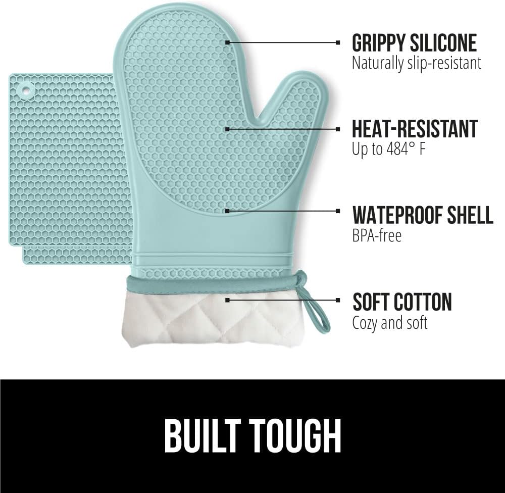 GORILLA GRIP BPA-Free Soft Silicone Oven Mitts and Pot Holders Sets of 4, Heat Resistant Waterproof Cooking Gloves, Thick Cotton Lining, Flexible Gripping for Baking Grilling, Kitchen Trivets, Mint