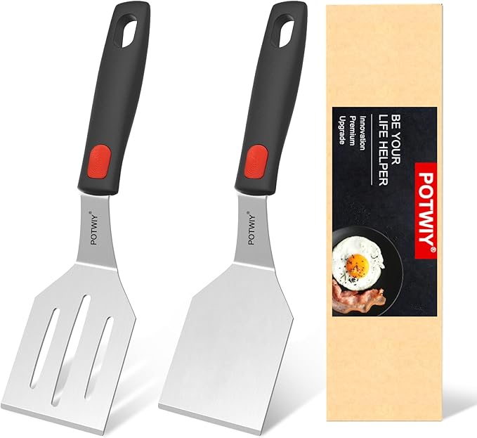 Stainless Steel Spatula Set, 2 Pack Small Metal Spatulas for Kitchen Use, Solid and Slotted Turner with Silicone Handle, Spatula for Cast Iron Skillet Cooking, Cookie and Brownie Serving