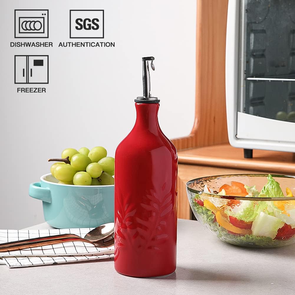 Sweejar Ceramic Olive Oil Dispenser Bottle, 20 Oz Relief Opaque Oil Cruet Protects Oil To Reduce Oxidation, Suitable for Storage Oil, Vinegar, Soy Sauce, Coffee Syrup, Liquids, Set of 1 (Red)