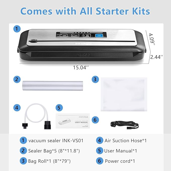 Inkbird Vacuum Sealer Machine with Starter Kit, Automatic PowerVac Air Sealing Machine for Food Preservation, Dry & Moist Sealing Modes,Built-in Cutter,Easy Cleaning Storage