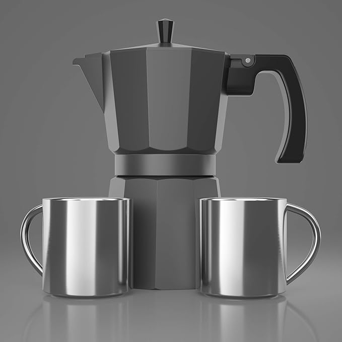 Coffee Gator Moka Pot - 6 Cup, 12oz Stovetop Espresso Maker - Classic Italian and Cuban Coffee Percolator w/ 2 Stainless-Steel Cups – Matte Grey Aluminum, 360ml