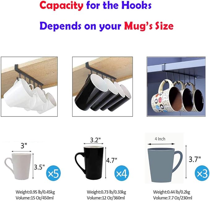 AliCH Mug Holder 2pcs Under Cabinet Mug Hooks Rack, Nail Free Coffee Cups Holder,Under Shelf Hanger for Cups/Kitchen Utensils/Ties Belts/Scarf/Keys Storage (White)