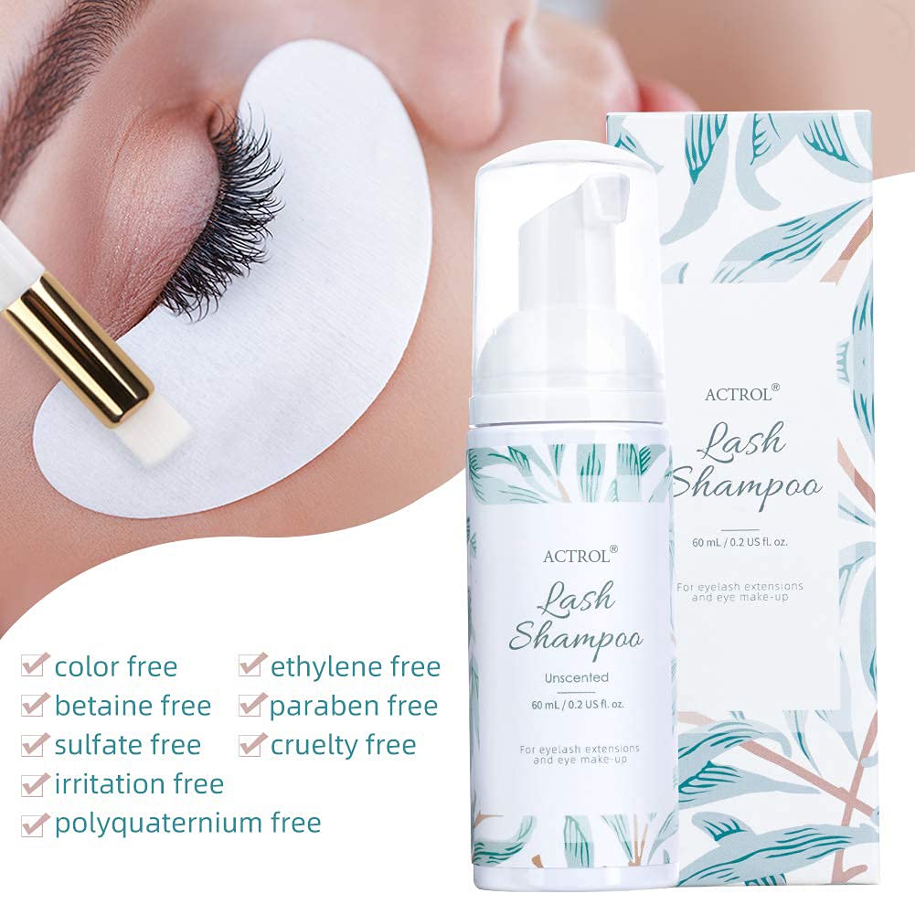 ACTROL Eyelash Extension Shampoo Kit 60ml Unscented Lash Extension Cleanser with Lash Fan Pink Professional Eyelid Foaming Cleanser Paraben & Sulfate Free Non-lrritating