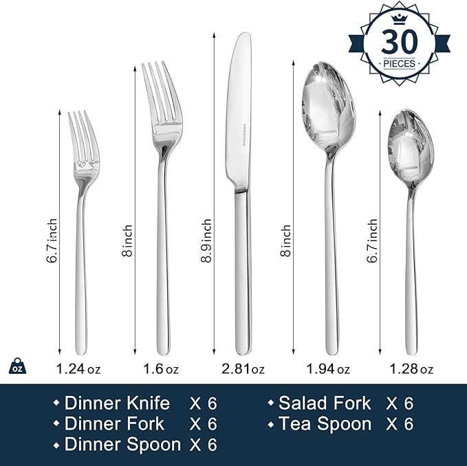 KINGSTONE 30 Pieces Silverware Set, Flatware Cutlery Set for 6, 18/10 Stainless Steel Silverware Utensils Minimalist Design Dishwasher Safe